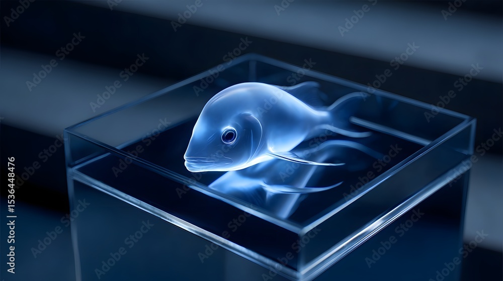 Poster a captivating image of a glowing fish suspended in a transparent, minimalist space, creating a sense