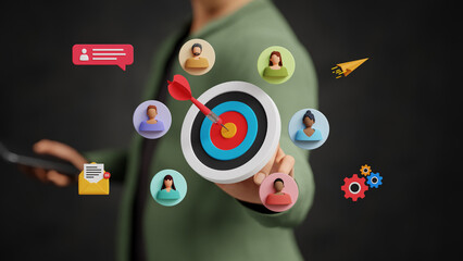Targeting customers, CRM, customer relationship management, sales generation, focused marketing strategies, KYC. Businessman touching bullseye with target customers on virtual screen. 3D illustration
