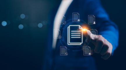 Concept of Document Management System (DMS) and electronic database organization. A person interacts with virtual document icons, paperless, digital archives, Technology in information management.