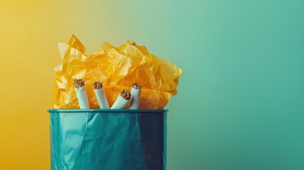 Crushed cigarette pack in trash bin, clean background, quitting symbolism