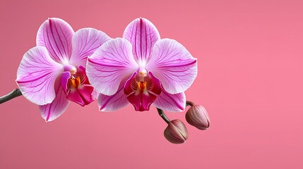 Obraz premium Pink and white orchid is displayed on a pink background. Concept of elegance and beauty, as the delicate flower stands out against the vibrant pink backdrop
