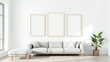 Minimalist living room with light sofa and empty frames
