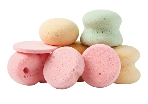 A Collection of PastelColored Porous Spherical and DiscShaped Confections A Detailed Visual Presentation of Delicate Treats isolated on transparent baackground