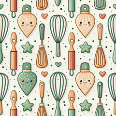 Whimsical Kitchen Utensils Pattern with Adorable Icons and Colorful Elements