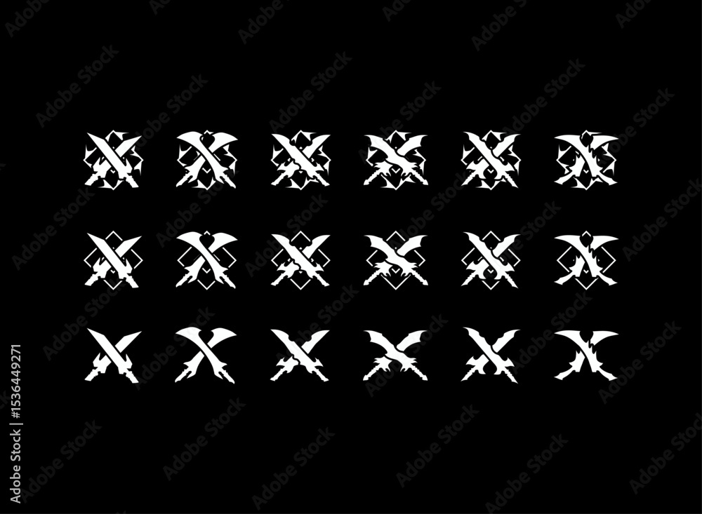Poster fantasy rpg game logo icon set, dual sword with badge border and rank elemental weapon