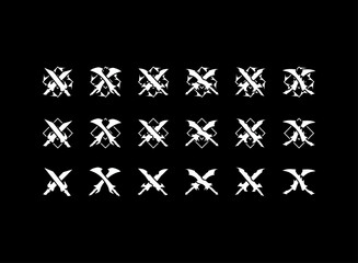 Fantasy RPG Game Logo Icon Set, dual sword with badge border and rank elemental weapon