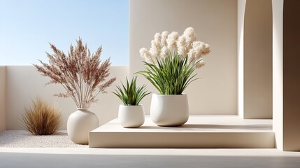 Fototapeta premium Three white flower pots with green plants in them are on a white step. The pots are arranged in a row, with the tallest one in the middle and the shortest one on the left