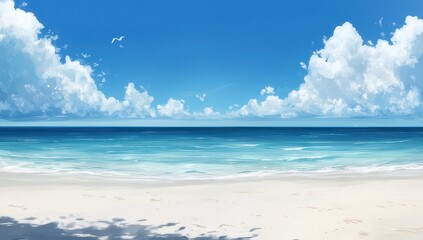 Obraz premium Beach scene, vibrant blue sky, fluffy clouds