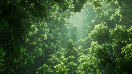 Fototapeta premium Serene Sunlit Forest Paths: Morning Light Filtering Through Lush Canopies
