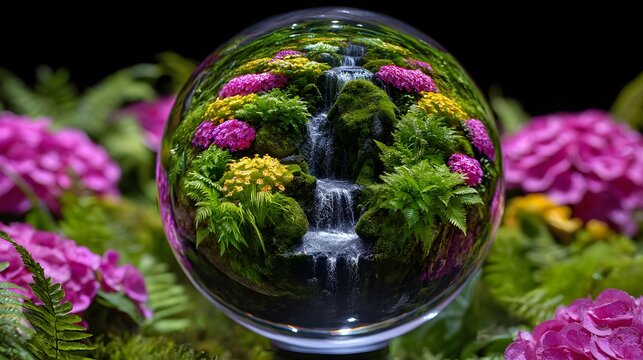 A lush, self-contained miniature garden thriving within a transparent glass sphere, creating a tranquil and enchanting microcosm of nature.