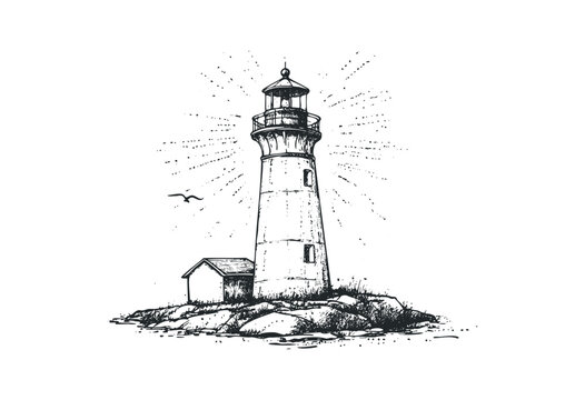 Vintage lighthouse illustration with seagull and cottage on rocky coastline. Vector retro hand drawn illustration