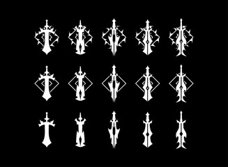 Fantasy RPG Game Logo Icon Set, great sword with badge frame border and rank medal elemental weapon