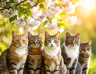 Cute young kitten looking with green eyes in a garden tree