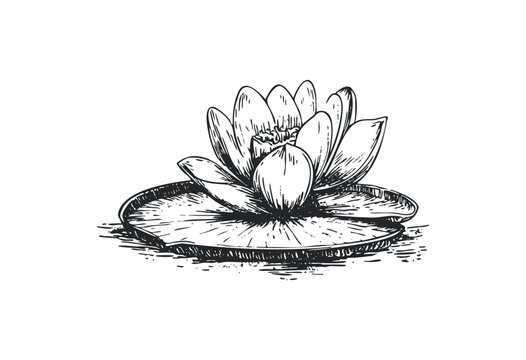 Detailed sketch of a lotus flower on a lily pad. Vector retro hand drawn illustration
