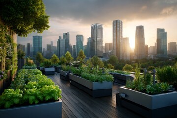 Fototapeta premium Rooftop garden in city skyline setting, green urban sustainability theme