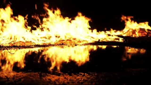 A hyperreal scene of firelight reflecting off wet ground during a forest blaze at night&mdash;intense, vivid, and atmospheric.