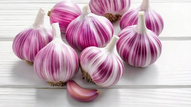 A cluster of garlic bulbs with pink and white stripes, arranged on a light wooden surface.