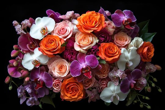 Vibrant floral arrangement of roses, orchids, and carnations in hues of orange, pink, and purple on a black background - Powered by Adobe