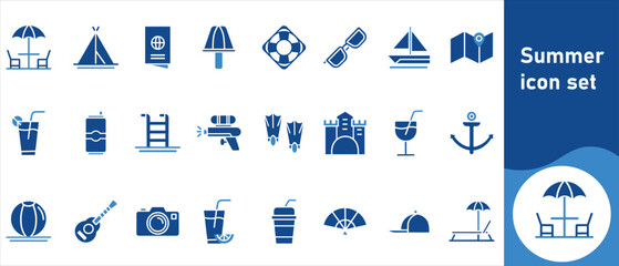 Summer icon set, ball, jelly, watermelon, starfish, flip, pair, pineapple, flop, sign, simple, trip, sunglasses, cream, water, line, outline, flat, camera, boat, element and more