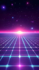 Retro Futuristic Grid Landscape 80s Synthwave Style Horizon with Neon Lights and Stars