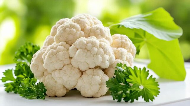 A fresh cauliflower surrounded by green leaves and parsley on a bright, blurred background.