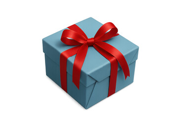 Gift box in light blue, tied with vivid red ribbon, sitting against transparent surface, symbolizing celebration, festivity