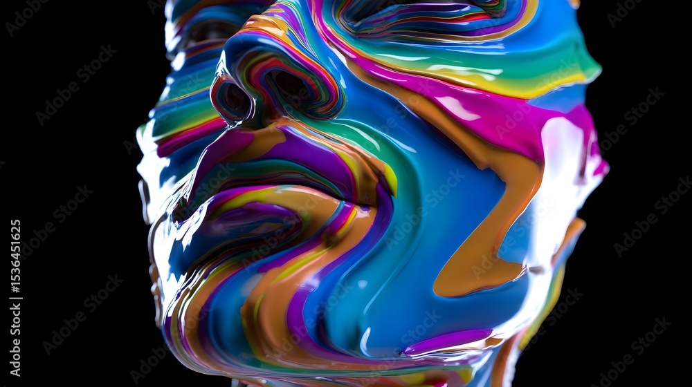 Poster a surreal and captivating image where vibrant, fluid colors swirl and blend to form a striking, ethe