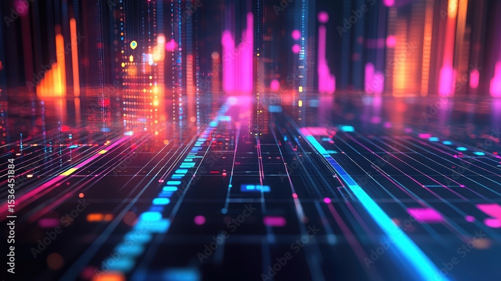 Wall mural abstract background showing an illuminated grid with pink and blue vertical lights above it