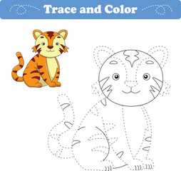 Handwriting Practice. Tracing lines and coloring tiger for children. Vector Illustration
