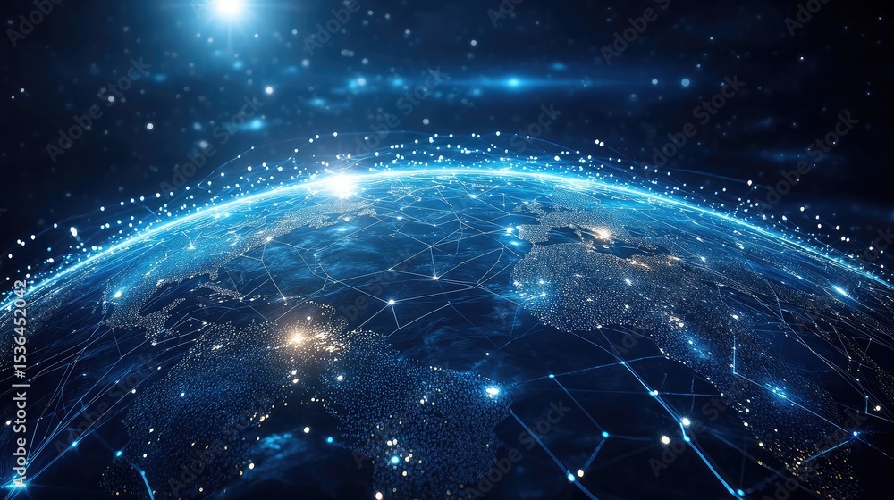 Wall mural a stylized earth with interconnected network lines and glowing points in a dark space background