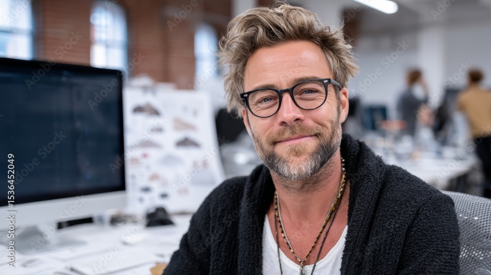 Aufkleber man wearing glasses and a black sweater is smiling at the camera. he is sitting at a desk with a com