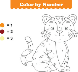Color by numbers. Coloring page for kids. Coloring with cute tiger. Vector illustration