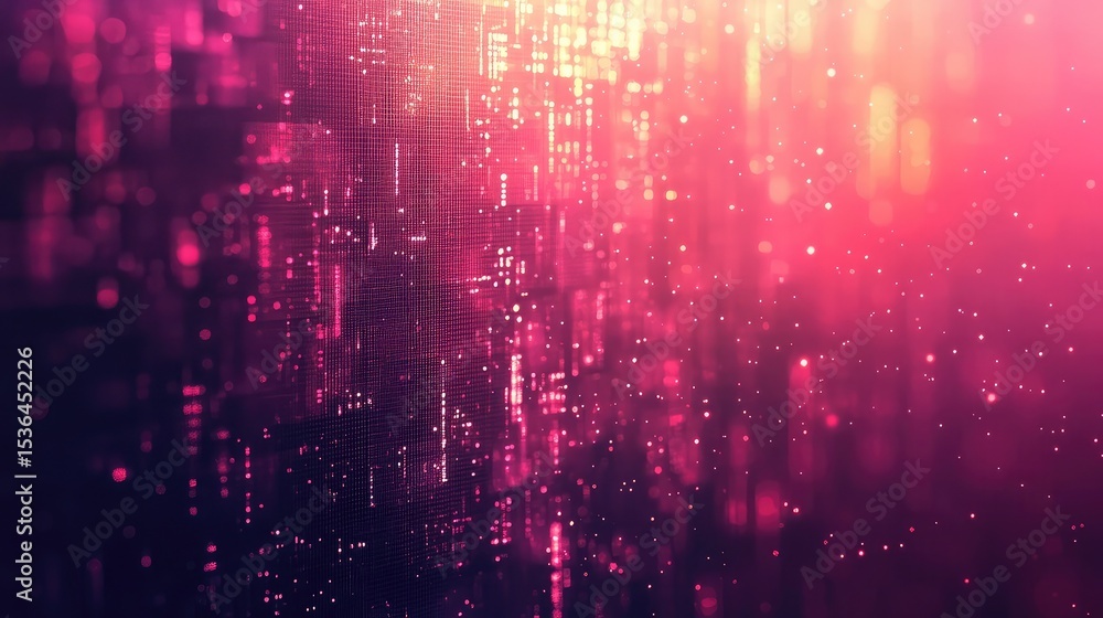 Wall mural abstract pink and purple background with glowing particles and geometric patterns forming a circuit 