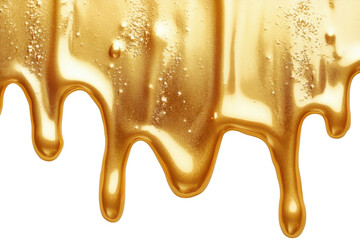 Drips of liquid gold cascade luxuriously shimmering with wealth and opulence on a stark background isolated on transparent background. Generative Ai.