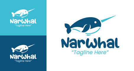 Bold and Clean Narwhal Logo in Blue and White for Branding © Ridashuke