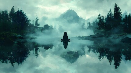 Fototapeta premium A solitary figure stands in a tranquil lake at twilight, reflecting the distant village lights and a sky full of shimmering stars, creating a dreamlike, serene landscape