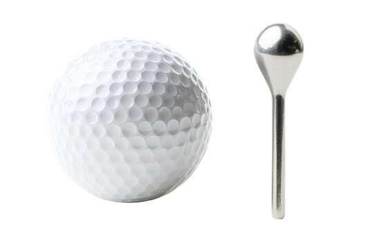An unused golf ball sits quietly beside a shiny silver golf divot repair tool on a stark black isolated on transparent background. Generative Ai.