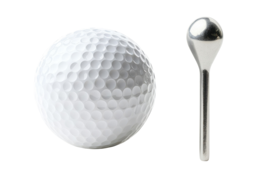 An unused golf ball sits quietly beside a shiny silver golf divot repair tool on a stark black isolated on transparent background. Generative Ai.