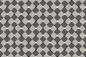 Intricate seamless pattern featuring a complex geometric design with black and white lines, creating an elegant diamond-shaped mosaic. Ideal for modern textiles, abstract backgrounds, or digital art