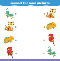 Education game for children connect the same picture of cute cartoon wild animal printable. Vector Illustration