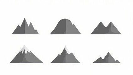 Six grayscale mountain range icons various shapes and styles mountains