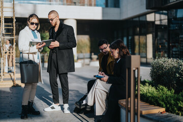 A group of business professionals engaging in teamwork and discussion outdoors in a city. The scene...