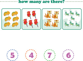 Counting game of wild animals for preschool kids. Printable. Vector Illustration