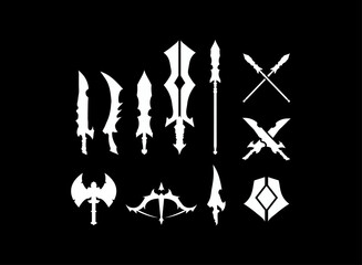 Fantasy RPG Game Logo Icon Set, magic, sword, shield, spear, dagger, axe elemental weapon design