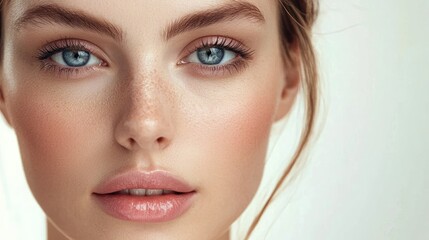 A woman with blue eyes and blonde hair, wearing a white top, standing in front of a white background.