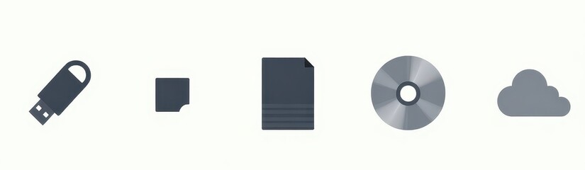 Fototapeta premium Data Storage Icons USB Drive SD Card Floppy Disk CD Cloud Memory Card Diskette