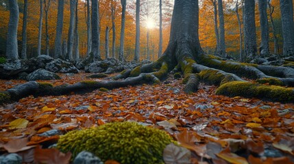 Fototapeta premium Autumn forest floor with sunlight