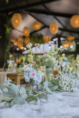 Beautiful details of the flower decorations at a wedding's reception. 