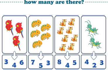 Counting game of wild animals for preschool kids. Printable. Vector Illustration