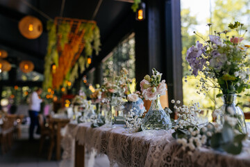 Beautiful details of the flower decorations at a wedding's reception. 